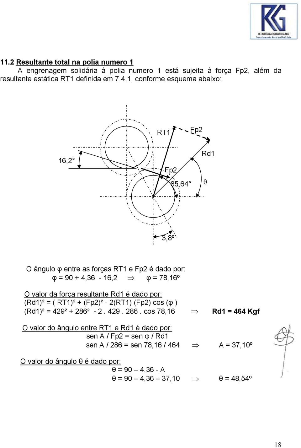 resultante Rd1 é dado por: (Rd1)² = ( RT1)² + (Fp2)² - 2(RT1) (Fp2) cos (φ ) (Rd1)² = 429² + 286²