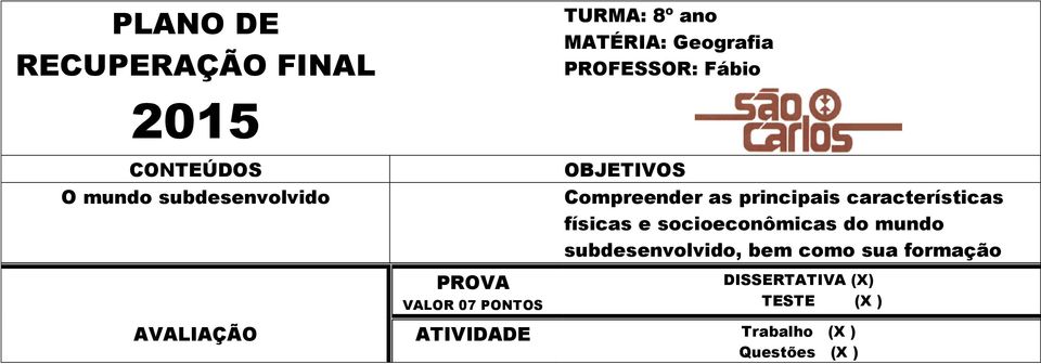 bem como sua formação DISSERTATIVA (X) TESTE