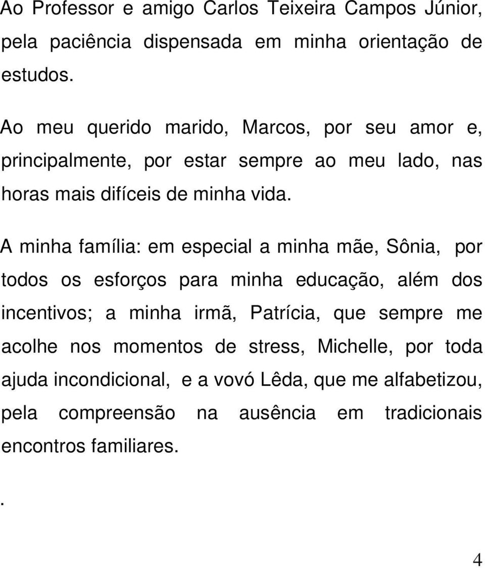 A minha família: em especial a minha mãe, Sônia, por todos os esforços para minha educação, além dos incentivos; a minha irmã, Patrícia, que