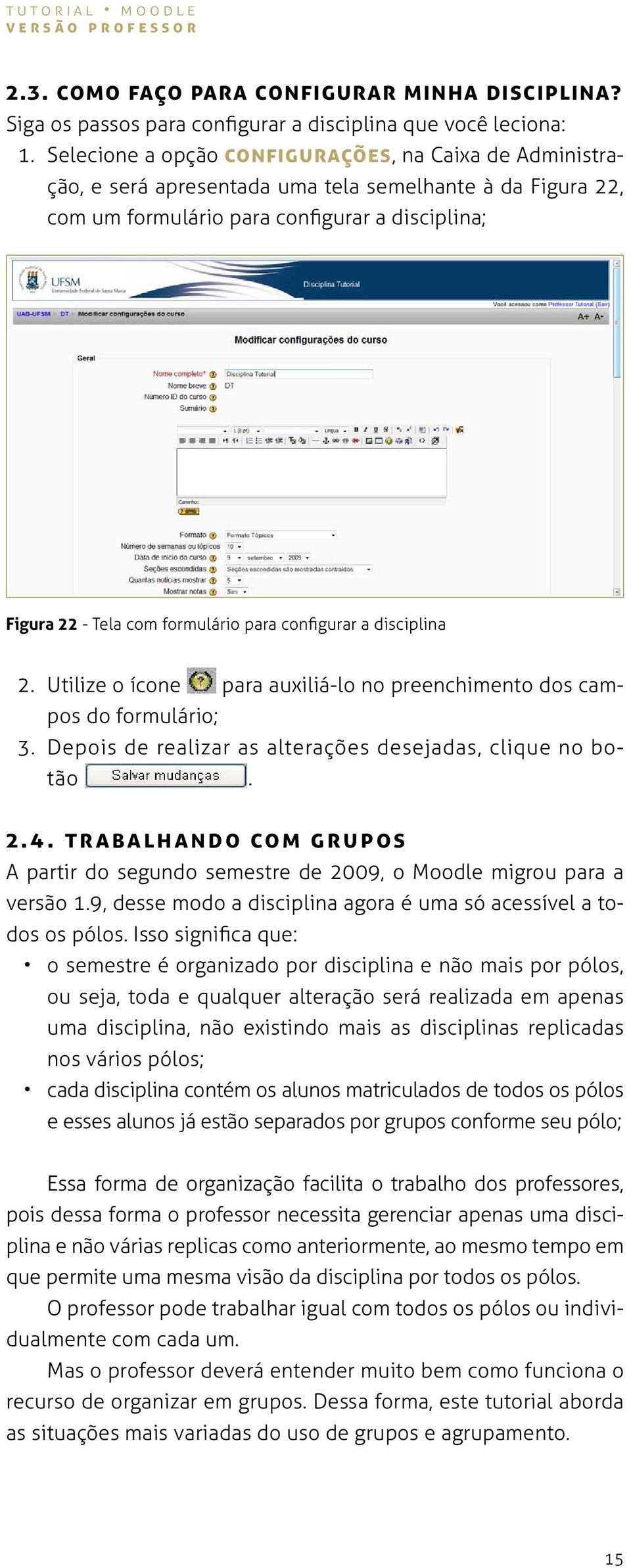 configurar a disciplina 2. Utilize o ícone para auxiliá-lo no preenchimento dos campos do formulário; 3. Depois de realizar as alterações desejadas, clique no botão. 2.4.