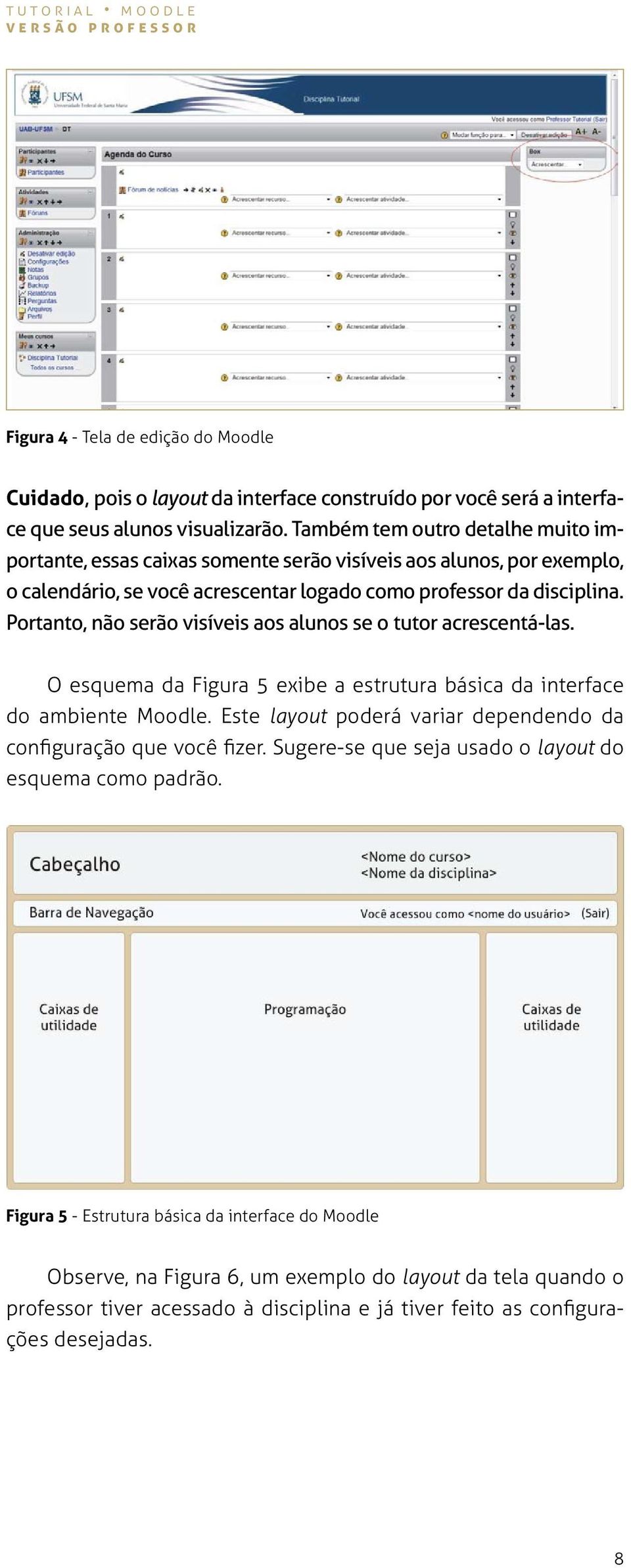 Portanto, não serão visíveis aos alunos se o tutor acrescentá-las. O esquema da Figura 5 exibe a estrutura básica da interface do ambiente Moodle.