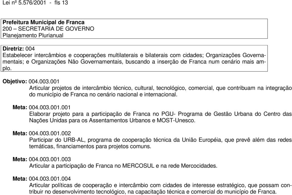 Governamentais, buscando a inserção de Franca num cenário mais amplo. Objetivo: 004.003.