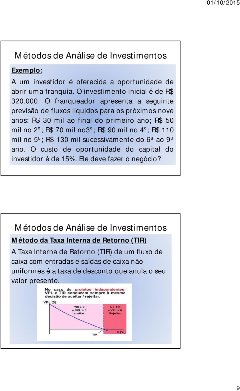 no3º; R$ 90 mil no 4º; R$ 110 mil no 5º; R$ 130 mil sucessivamente do 6º ao 9º ano. O custo de oportunidade do capital do investidor é de 15%.