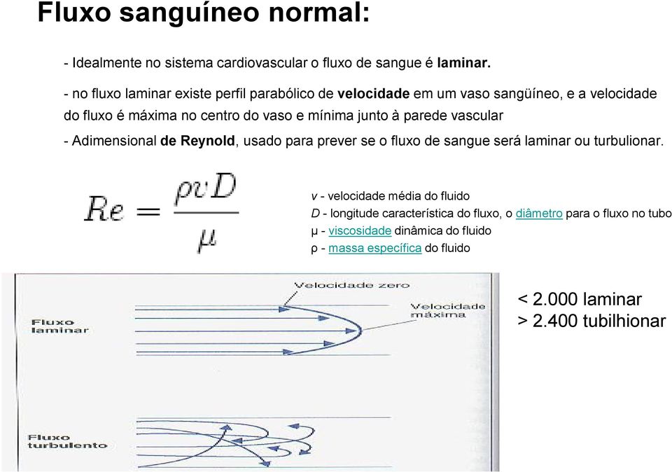 mínima junto à parede vascular - Adimensional de Reynold, usado para prever se o fluxo de sangue será laminar ou turbulionar.