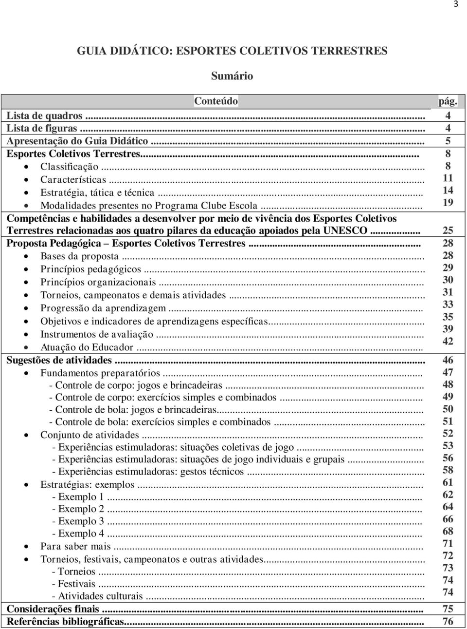 .. 19 Competências e habilidades a desenvolver por meio de vivência dos Esportes Coletivos Terrestres relacionadas aos quatro pilares da educação apoiados pela UNESCO.