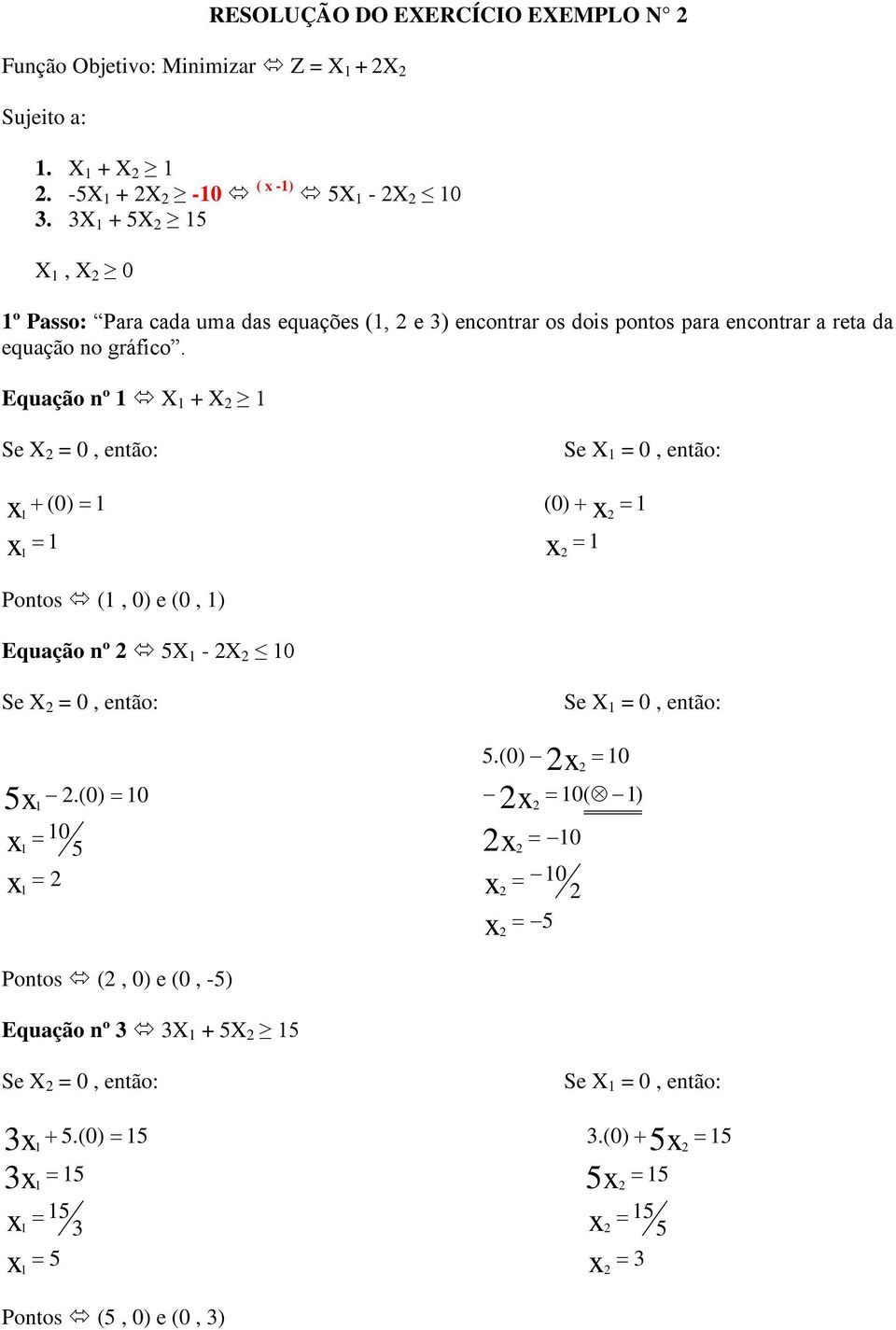 Equação nº X + X Se X = 0, então: (0) Se X = 0, então: (0) Pontos (, 0) e (0, ) Equação nº 5X - X 0 Se X = 0, então: 5.(0) 0 0 5 5.