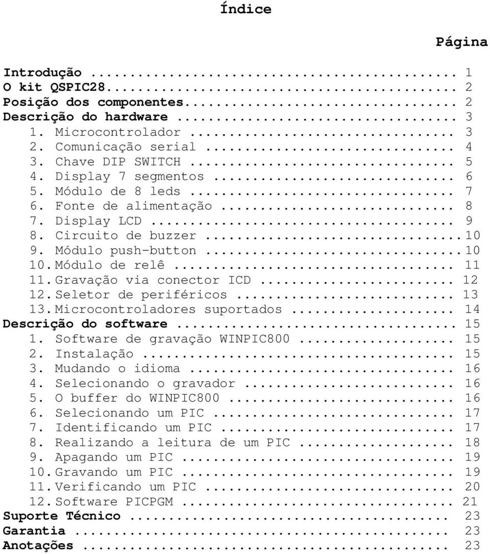 Gravação via conector ICD... 12 12. Seletor de periféricos... 13 13. Microcontroladores suportados... 14 Descrição do software... 15 1. Software de gravação WINPIC800... 15 2. Instalação... 15 3.