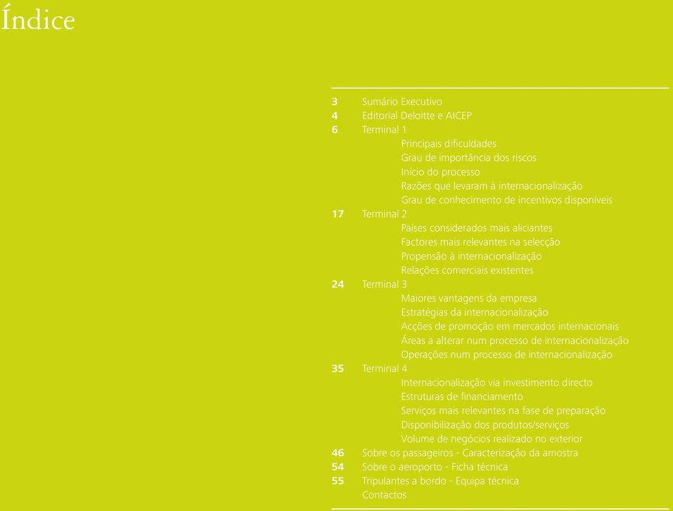 comerciais existentes Terminal 3 Maiores vantagens da empresa Estratégias da internacionalização Acções de promoção em mercados internacionais Áreas a alterar num processo de internacionalização