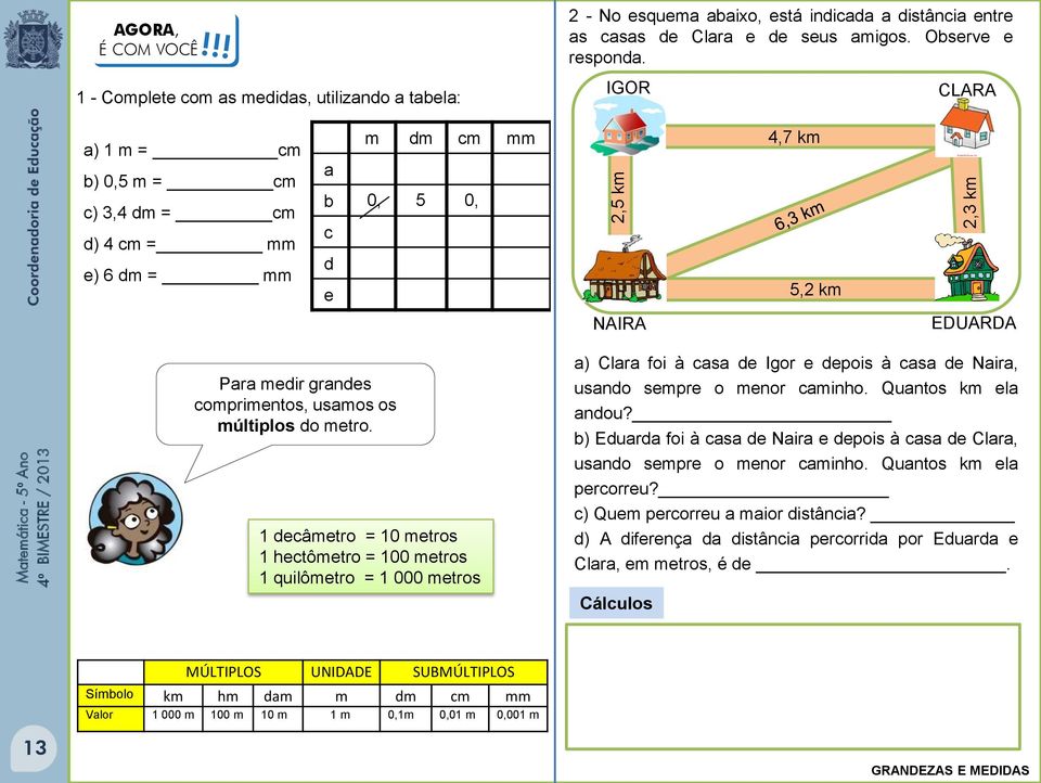 IGOR CLARA a) m = cm b) 0,5 m = cm c), dm = cm d) cm = mm e) 6 dm = mm a b c d e m dm cm mm 0, 5 0,,7 km 5, km NAIRA EDUARDA Para medir grandes comprimentos, usamos os múltiplos do metro.