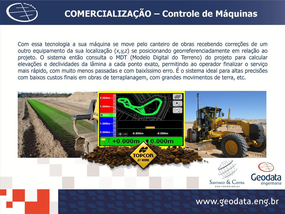 O sistema então consulta o MDT (Modelo Digital do Terreno) do projeto para calcular elevações e declividades da lâmina a cada ponto exato, permitindo