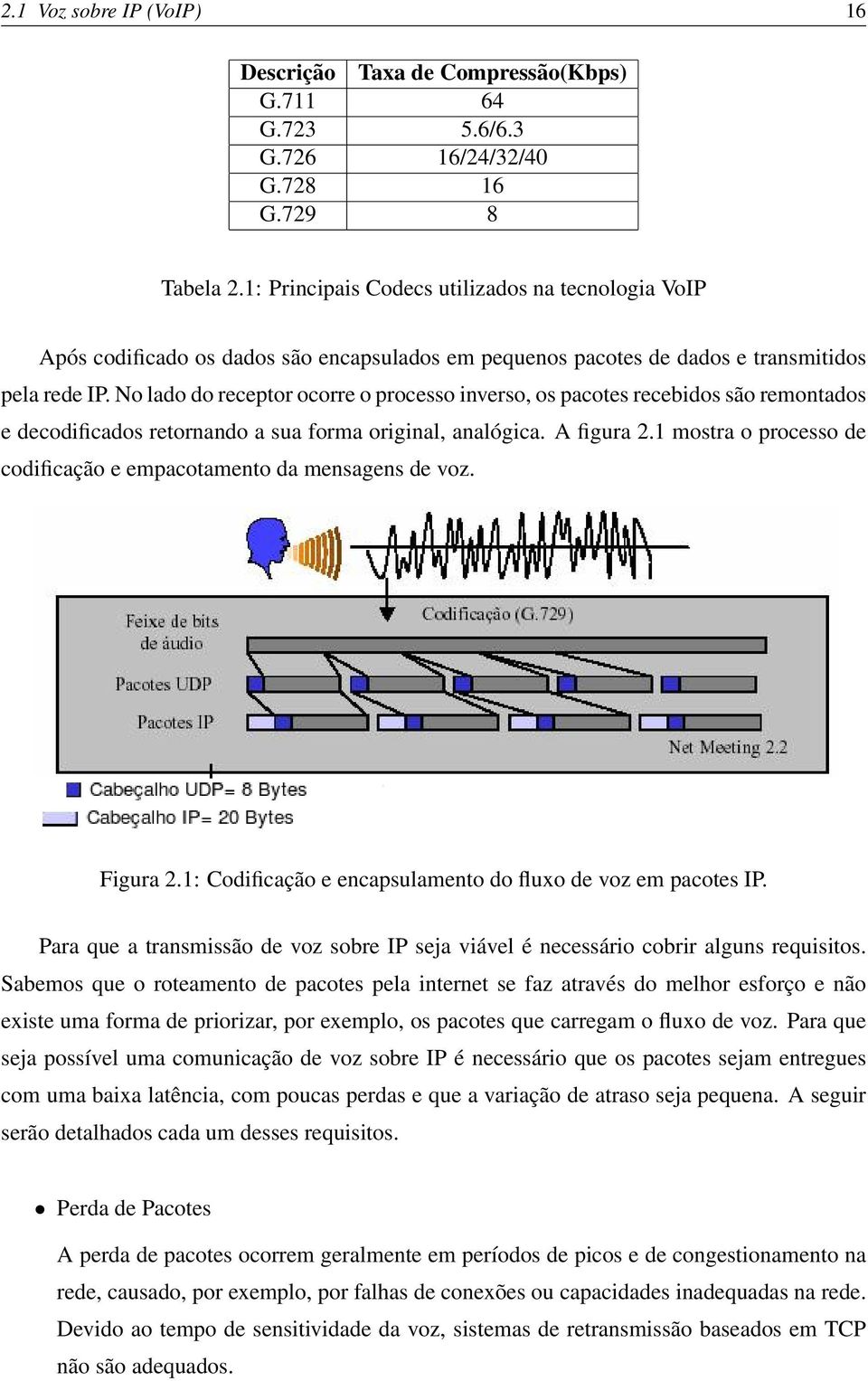 No lado do receptor ocorre o processo inverso, os pacotes recebidos são remontados e decodificados retornando a sua forma original, analógica. A figura 2.