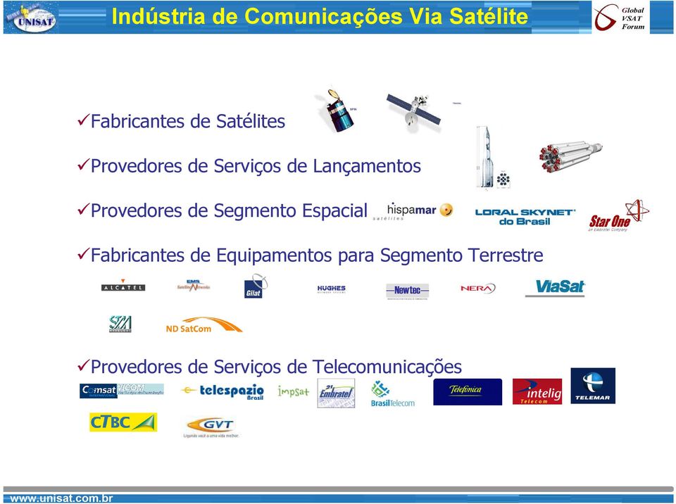 Lançamentos Provedores de Segmento Espacial Fabricantes de