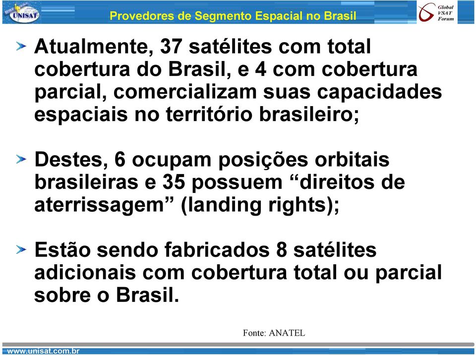 6 ocupam posições orbitais brasileiras e 35 possuem direitos de aterrissagem (landing rights); Estão