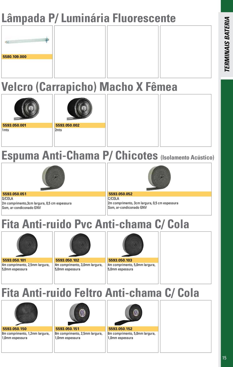 050.103 4m comprimento, 5,0mm largura, 5,0mm espessura Fita Anti-ruido Feltro Anti-chama C/ Cola 5593.050.150 8m comprimento, 1,2mm largura, 1,0mm espessura 5593.050.151 8m comprimento, 2,5mm largura, 1,0mm espessura 5593.