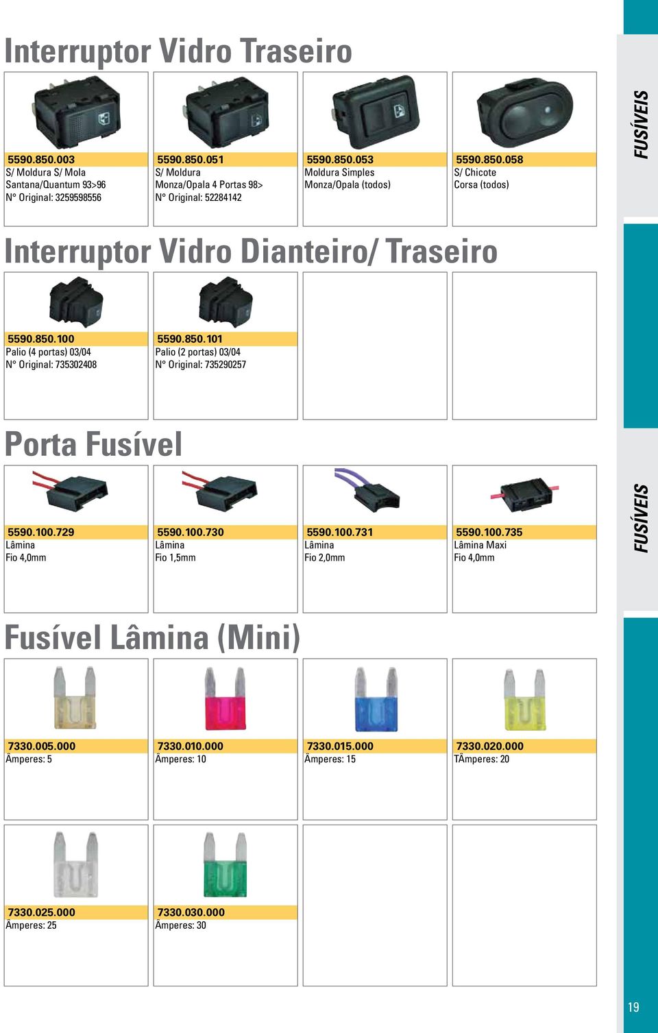 100.729 Lâmina Fio 4,0mm 5590.100.730 Lâmina Fio 1,5mm 5590.100.731 Lâmina Fio 2,0mm 5590.100.735 Lâmina Maxi Fio 4,0mm FUSÍVEIS Fusível Lâmina (Mini) 7330.005.000 Âmperes: 5 7330.010.