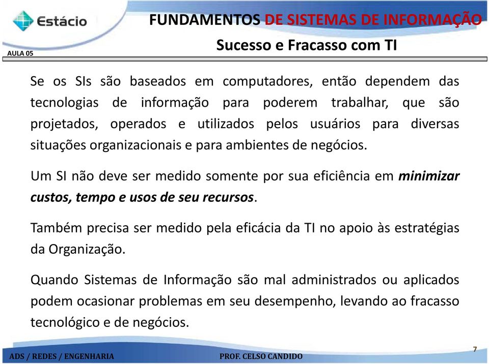 Um SI não deve ser medido somente por sua eficiência em minimizar custos, tempo e usos de seu recursos.