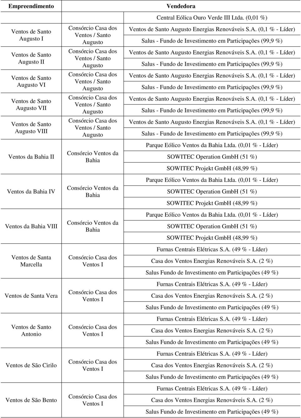 (0,01 % - Líder) SOWITEC Operation GmbH (51 %) SOWITEC Projekt GmbH (48,99 %) Parque Eólico Ventos da Bahia Ltda.