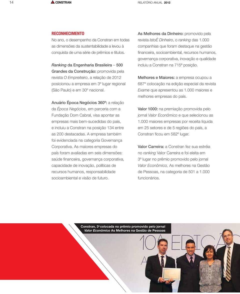 Anuário Época Negócios 360º: a relação da Época Negócios, em parceria com a Fundação Dom Cabral, visa apontar as empresas mais bem-sucedidas do país, e incluiu a Constran na posição 134 entre as 200
