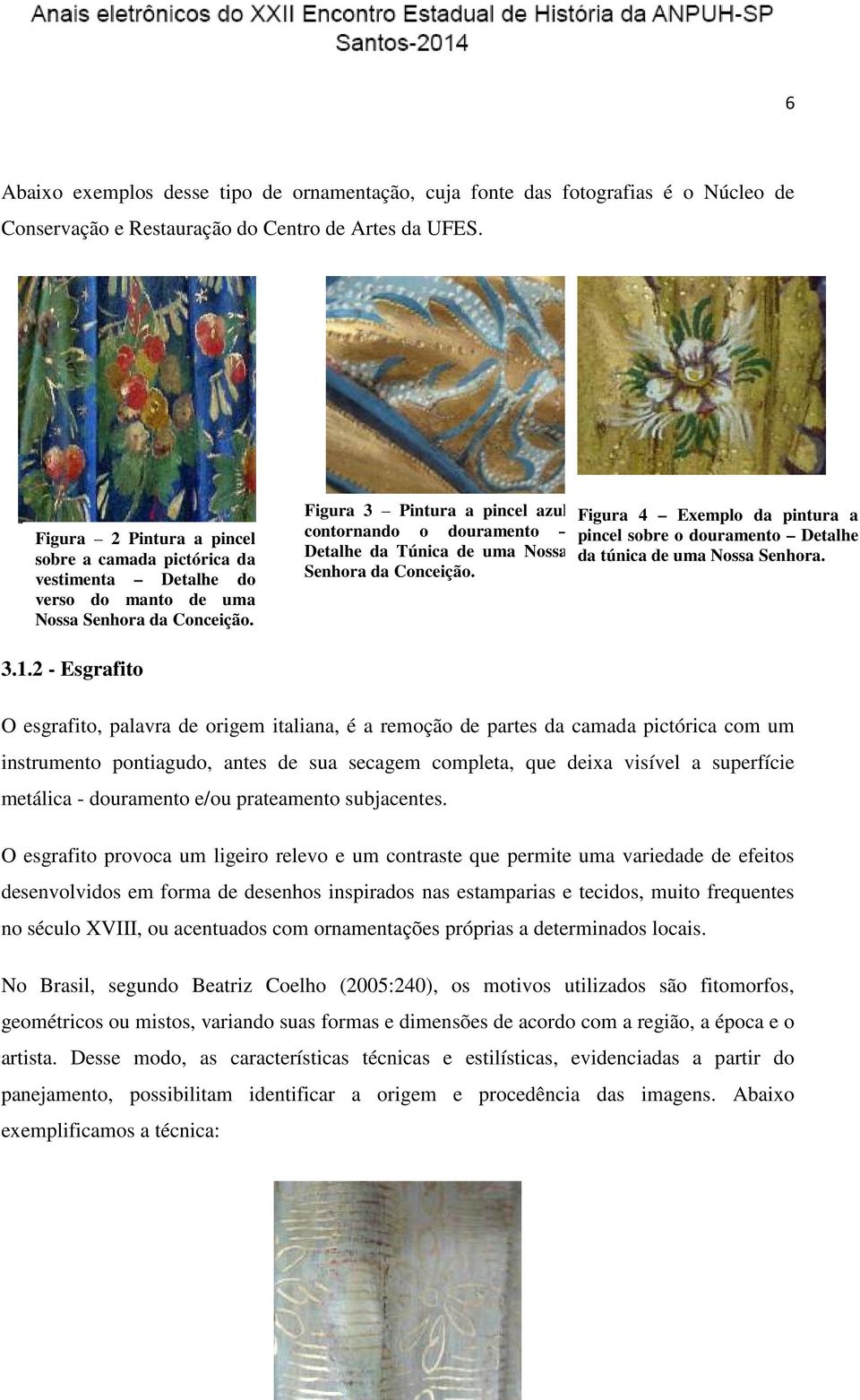 Figura 3 Pintura a pincel azul contornando o douramento Detalhe da Túnica de uma Nossa Senhora da Conceição.