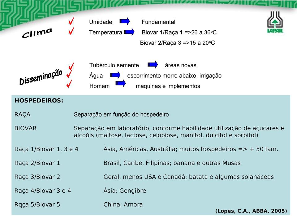 lactose, celobiose, manitol, dulcitol e sorbitol) Raça 1/Biovar 1, 3 e 4 Ásia, Américas, Austrália; muitos hospedeiros => + 50 fam.