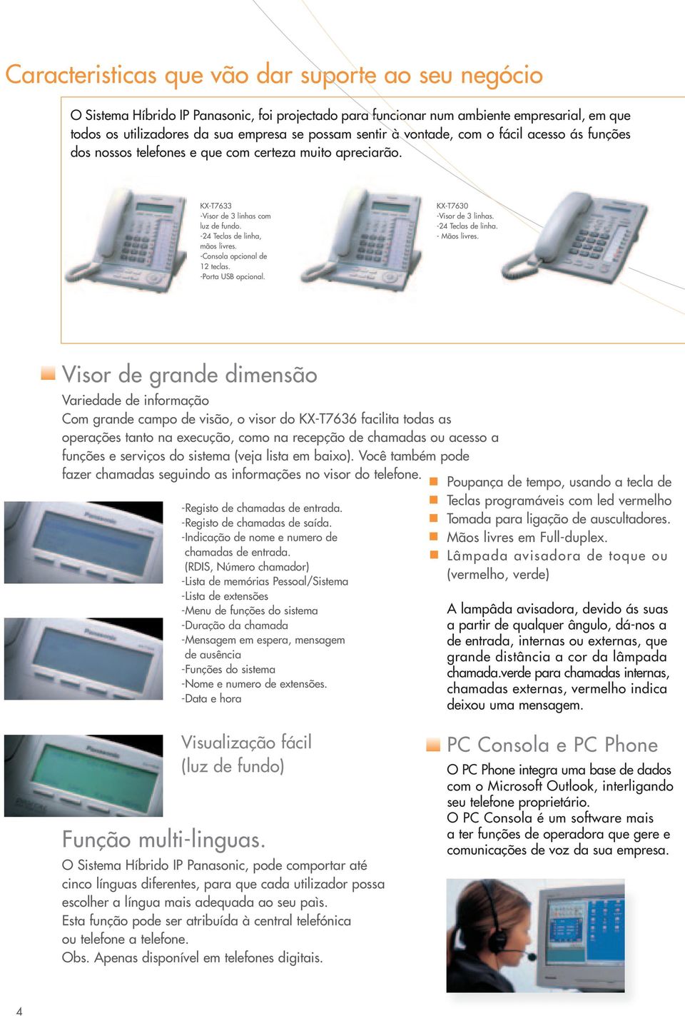 -Consola opcional de 12 teclas. -Porta USB opcional. KX-T7630 -Visor de 3 linhas. -24 Teclas de linha. - Mãos livres.