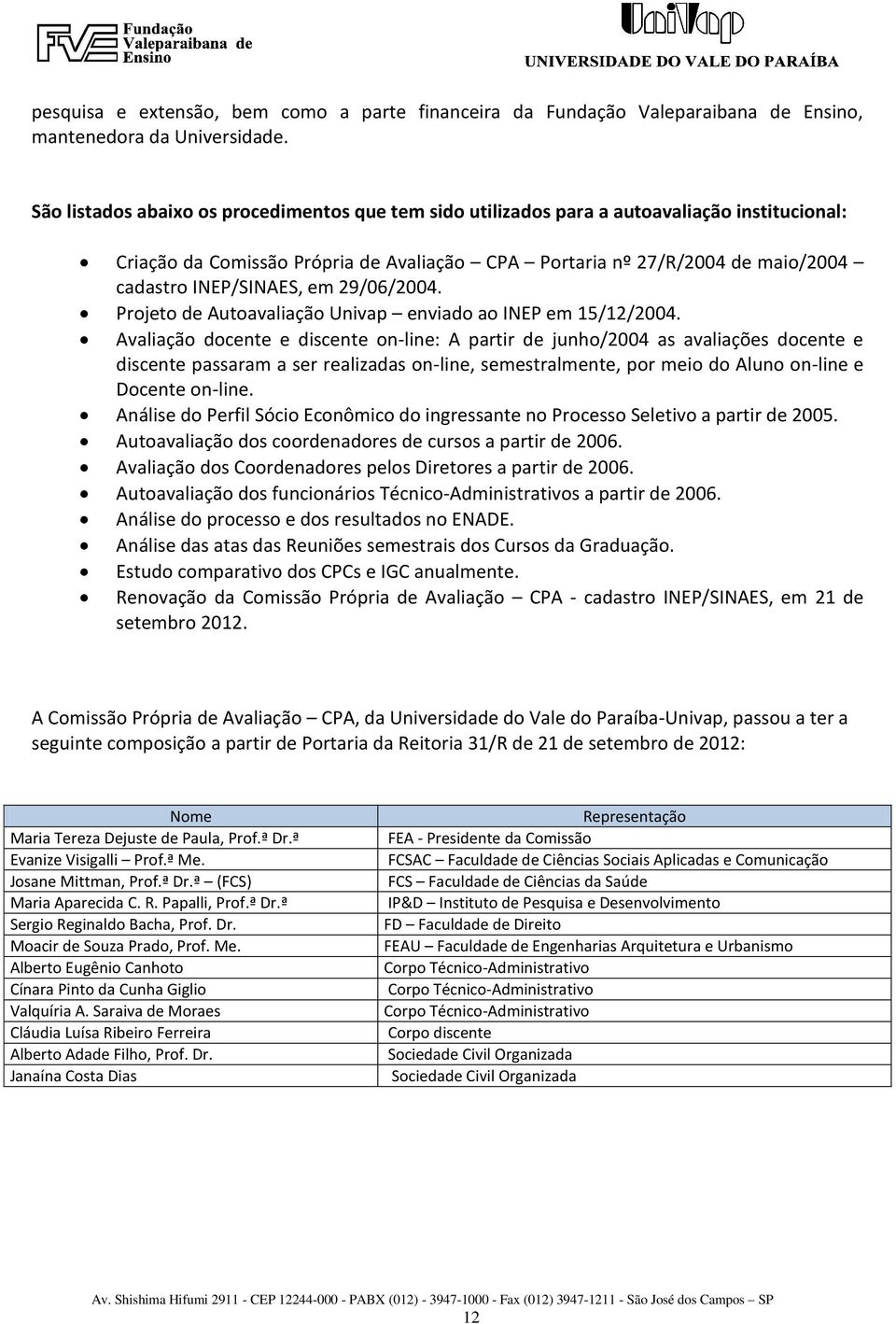 em 29/06/2004. Projeto de Autoavaliação Univap enviado ao INEP em 15/12/2004.