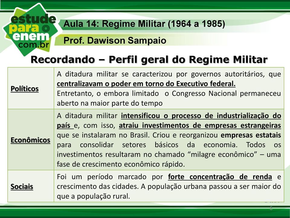 Entretanto, o embora limitado o Congresso Nacional permaneceu aberto namaior parte do tempo A ditadura militar intensificou o processo de industrialização do país e, com isso, atraiu investimentos de