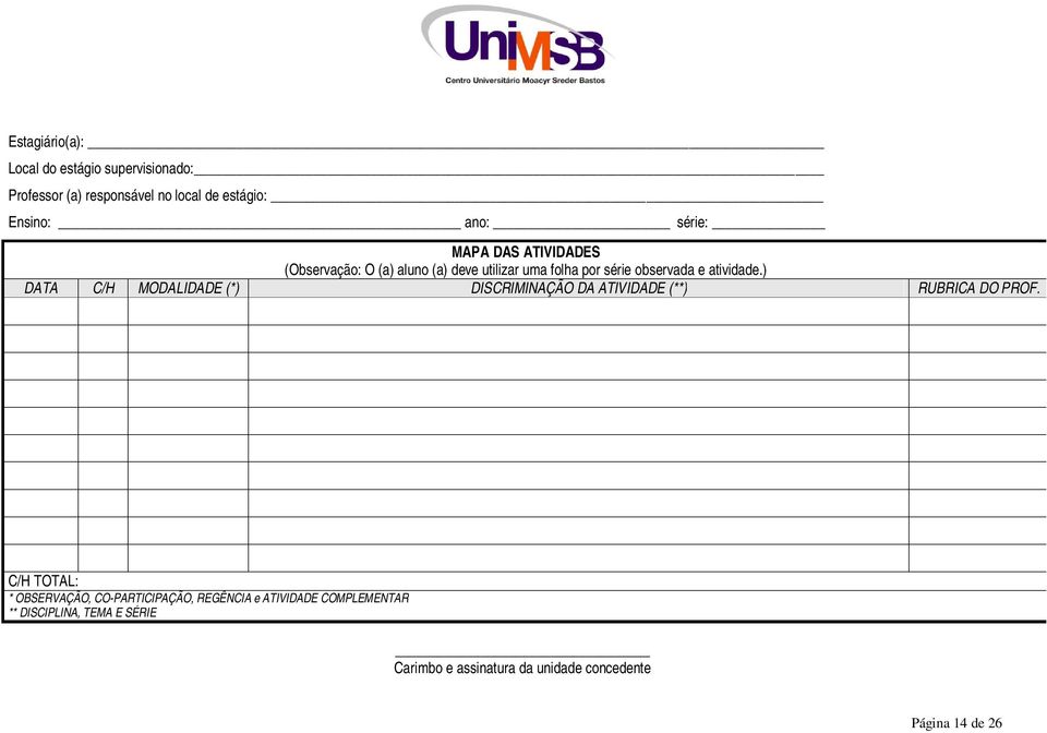 ) DATA C/H MODALIDADE (*) DISCRIMINAÇÃO DA ATIVIDADE (**) RUBRICA DO PROF.