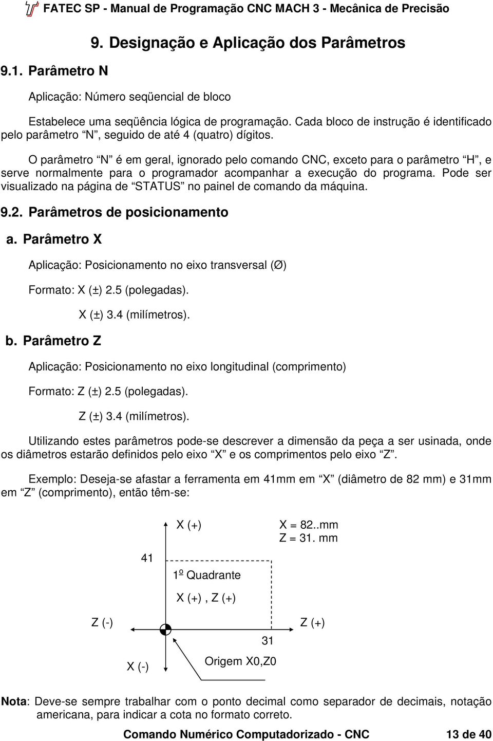 visualizado na página de STATUS no painel de comando da máquina 92 Parâmetros de posicionamento a Parâmetro X Aplicação: Posicionamento no eixo transversal (Ø) Formato: X (±) 25 (polegadas) b