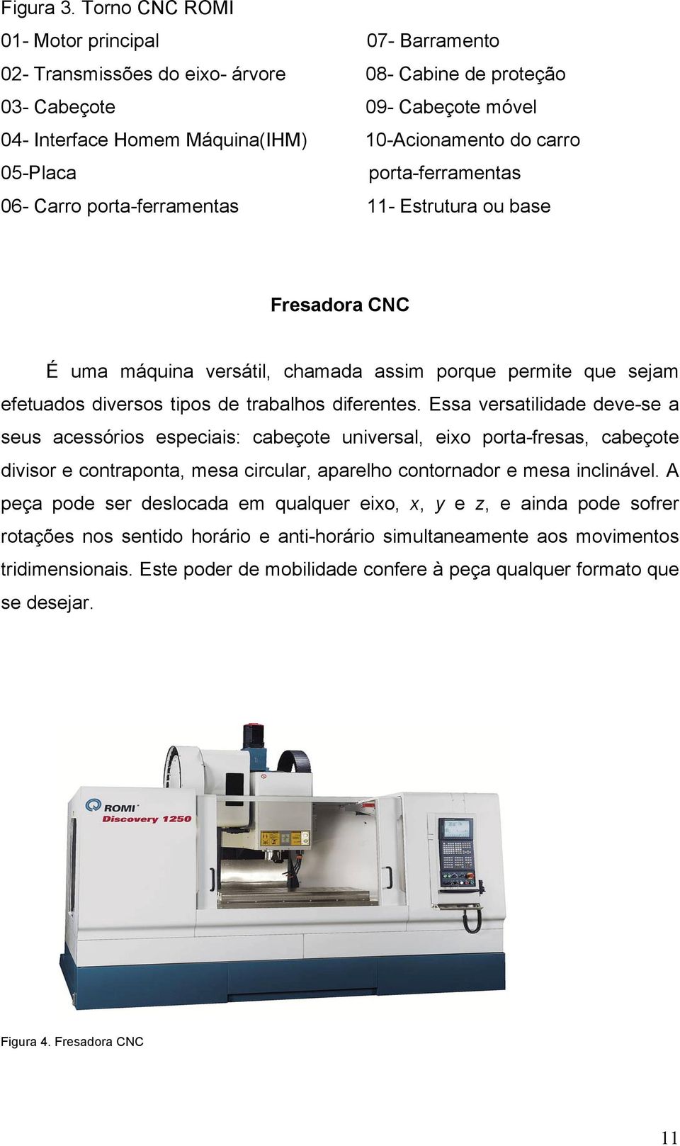 05-Placa porta-ferramentas 06- Carro porta-ferramentas 11- Estrutura ou base Fresadora CNC É uma máquina versátil, chamada assim porque permite que sejam efetuados diversos tipos de trabalhos