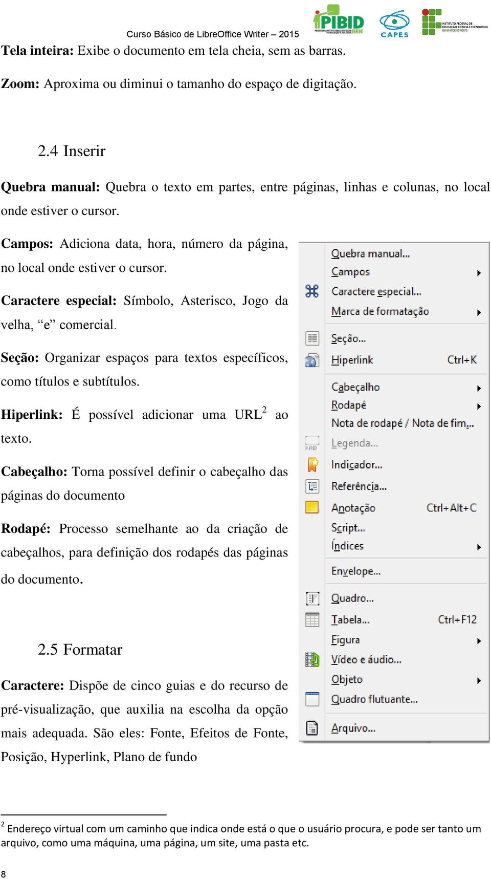 Caractere especial: Símbolo, Asterisco, Jogo da velha, e comercial. Seção: Organizar espaços para textos específicos, como títulos e subtítulos. Hiperlink: É possível adicionar uma URL 2 texto.