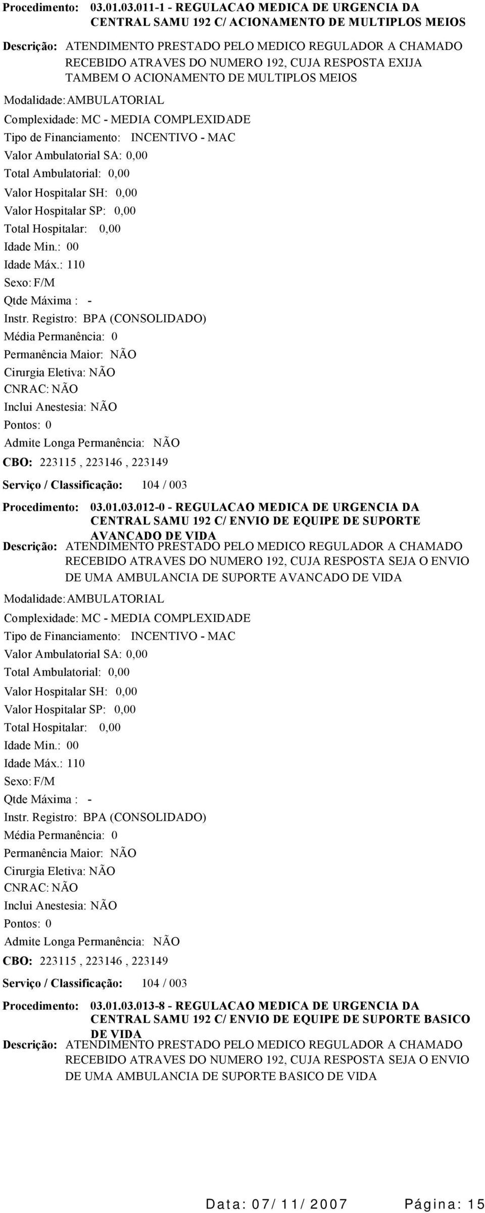 Registro: BPA (CONSOLIDADO) CBO: 223115, 223146, 223149 Serviço / Classificação: 104 / 003 