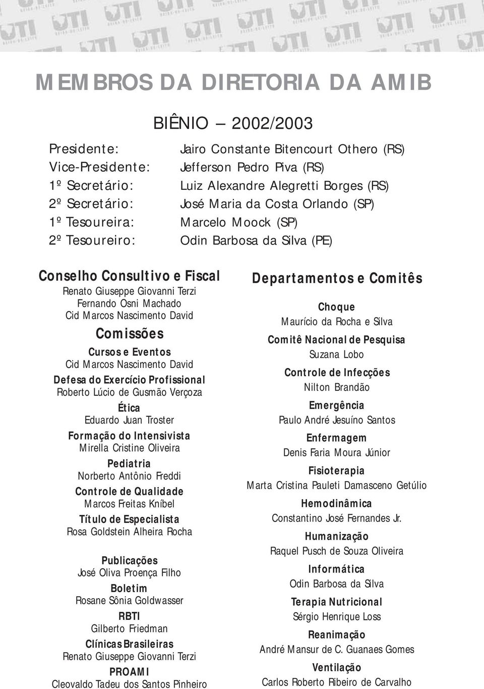 Machado Cid Marcos Nascimento David Comissões Cursos e Eventos Cid Marcos Nascimento David Defesa do Exercício Profissional Roberto Lúcio de Gusmão Verçoza Ética Eduardo Juan Troster Formação do