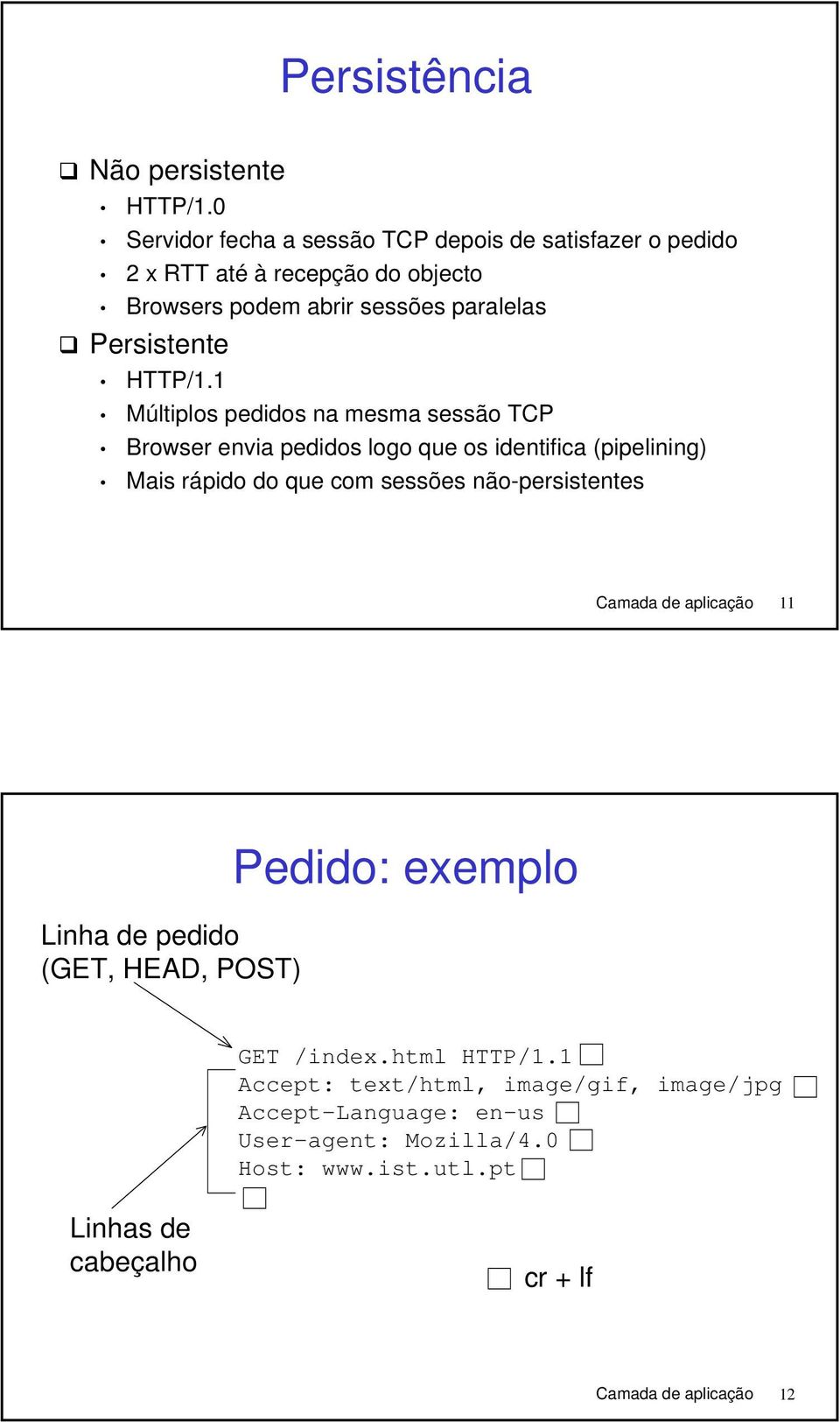 1 Múltiplos pedidos na mesma sessão TCP Browser envia pedidos logo que os identifica (pipelining) Mais rápido do que com sessões não-persistentes