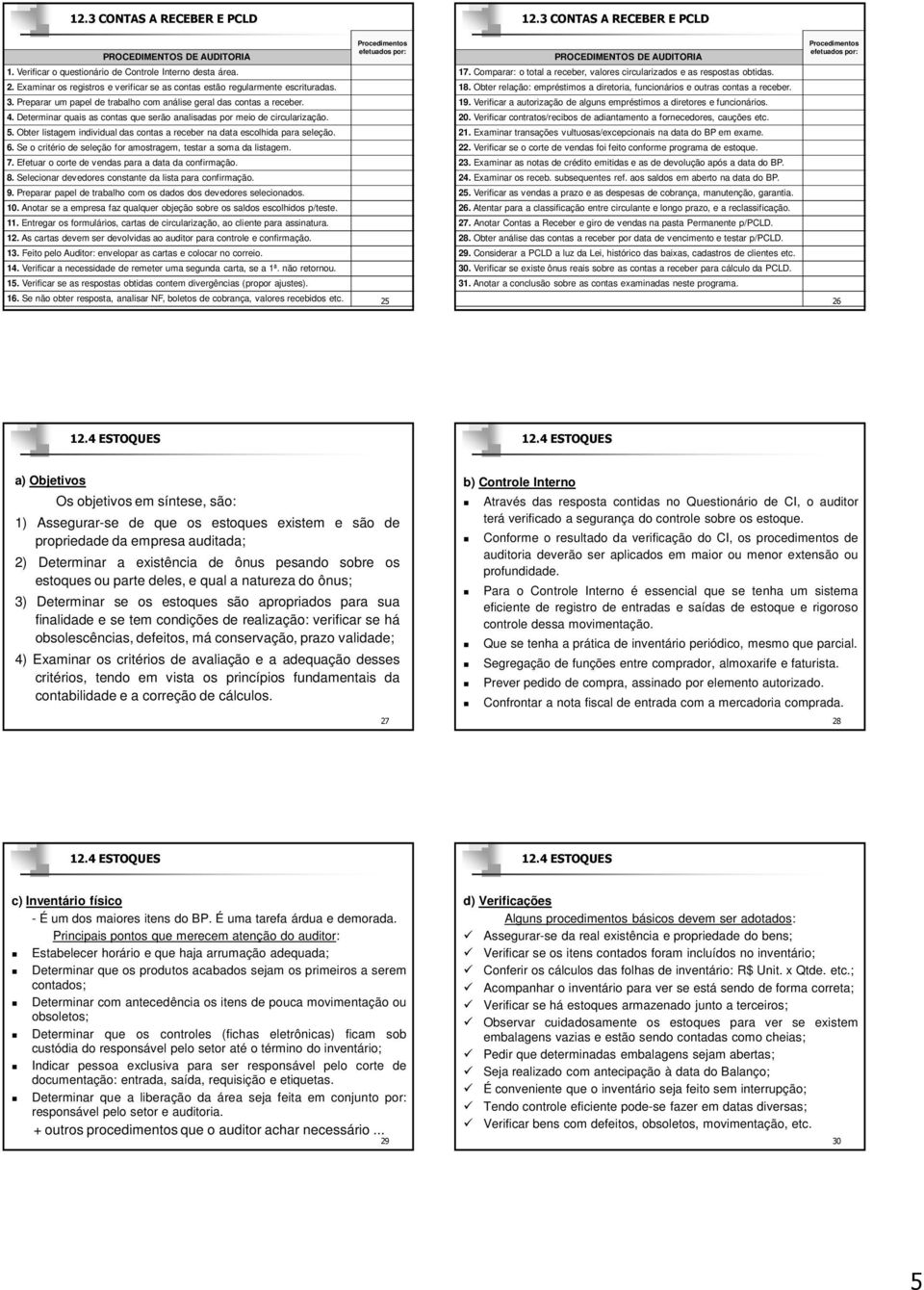 Obter listagem individual das contas a receber na data escolhida para seleção. 6. Se o critério de seleção for amostragem, testar a soma da listagem. 7.