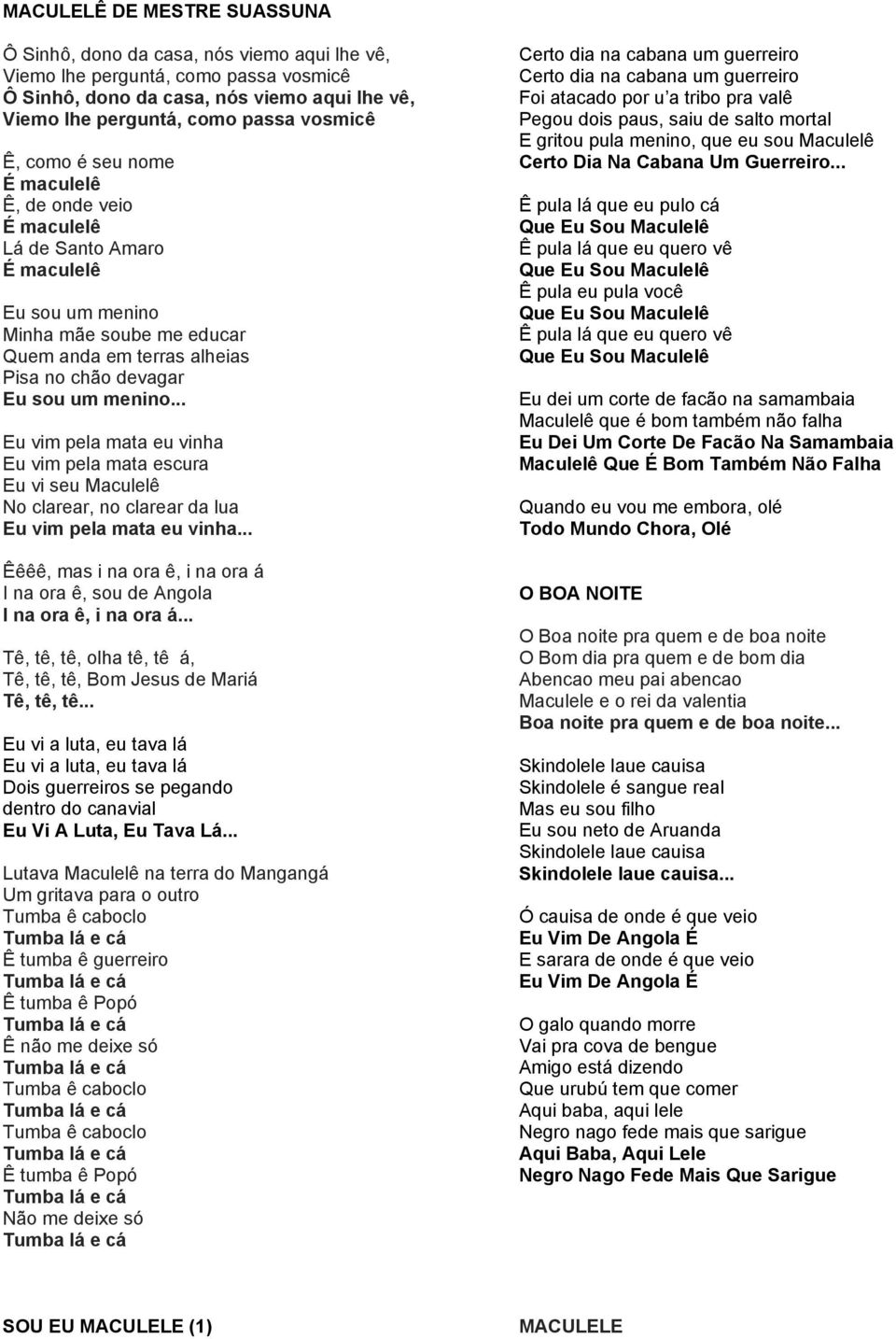 .. Eu vim pela mata eu vinha Eu vim pela mata escura Eu vi seu Maculelê No clarear, no clarear da lua Eu vim pela mata eu vinha.