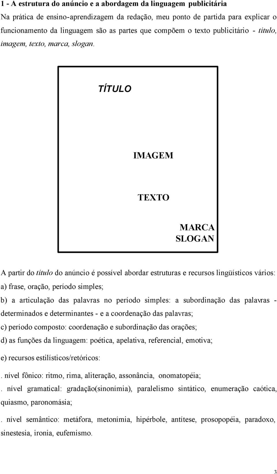 TÍTULO IMAGEM TEXTO MARCA SLOGAN A partir do título do anúncio é possível abordar estruturas e recursos lingüísticos vários: a) frase, oração, período simples; b) a articulação das palavras no