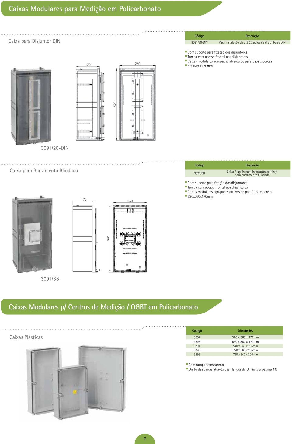 260 260 Com suporte para fixação dos disjuntores Tampa com acesso frontal aos disjuntores Caixas modulares agrupadas através de parafusos e porcas x260x70mm 09/BB Caixas Modulares p/ Centros de