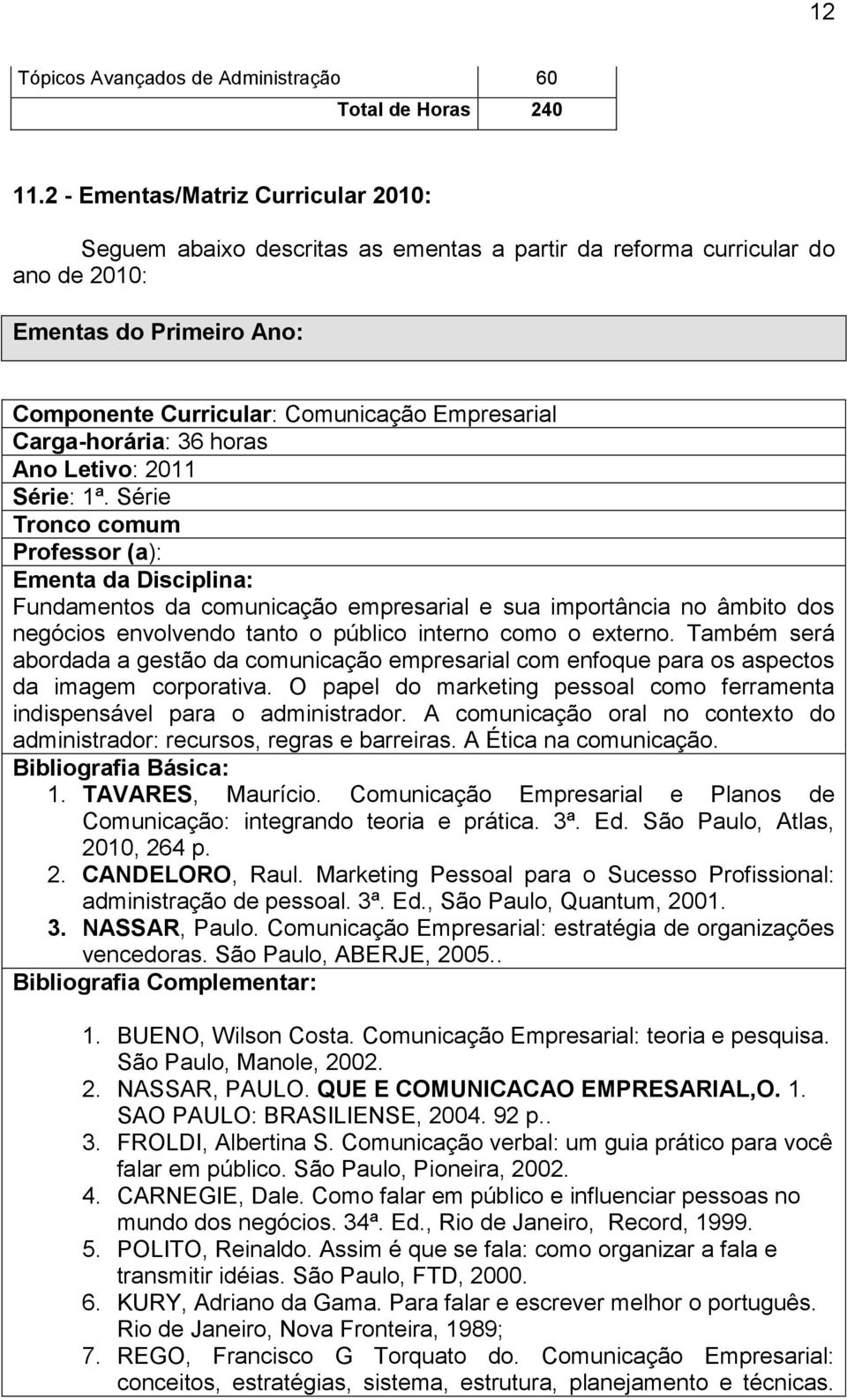 Carga-horária: 36 horas Série: 1ª. Série Fundamentos da comunicação empresarial e sua importância no âmbito dos negócios envolvendo tanto o público interno como o externo.