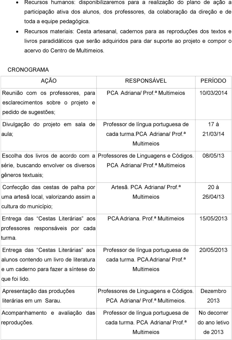 CRONOGRAMA AÇÃO RESPONSÁVEL PERÍODO Reunião com os professores, para esclarecimentos sobre o projeto e pedido de sugestões; PCA Adriana/ Prof.