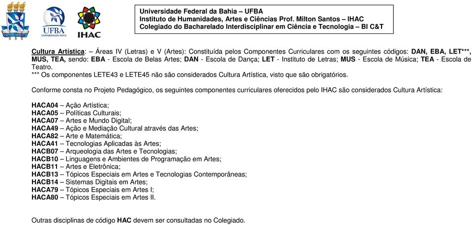 Conforme consta no Projeto Pedagógico, os seguintes componentes curriculares oferecidos pelo IHAC são considerados Cultura Artística: HACA04 Ação Artística; HACA05 Políticas Culturais; HACA07 Artes e