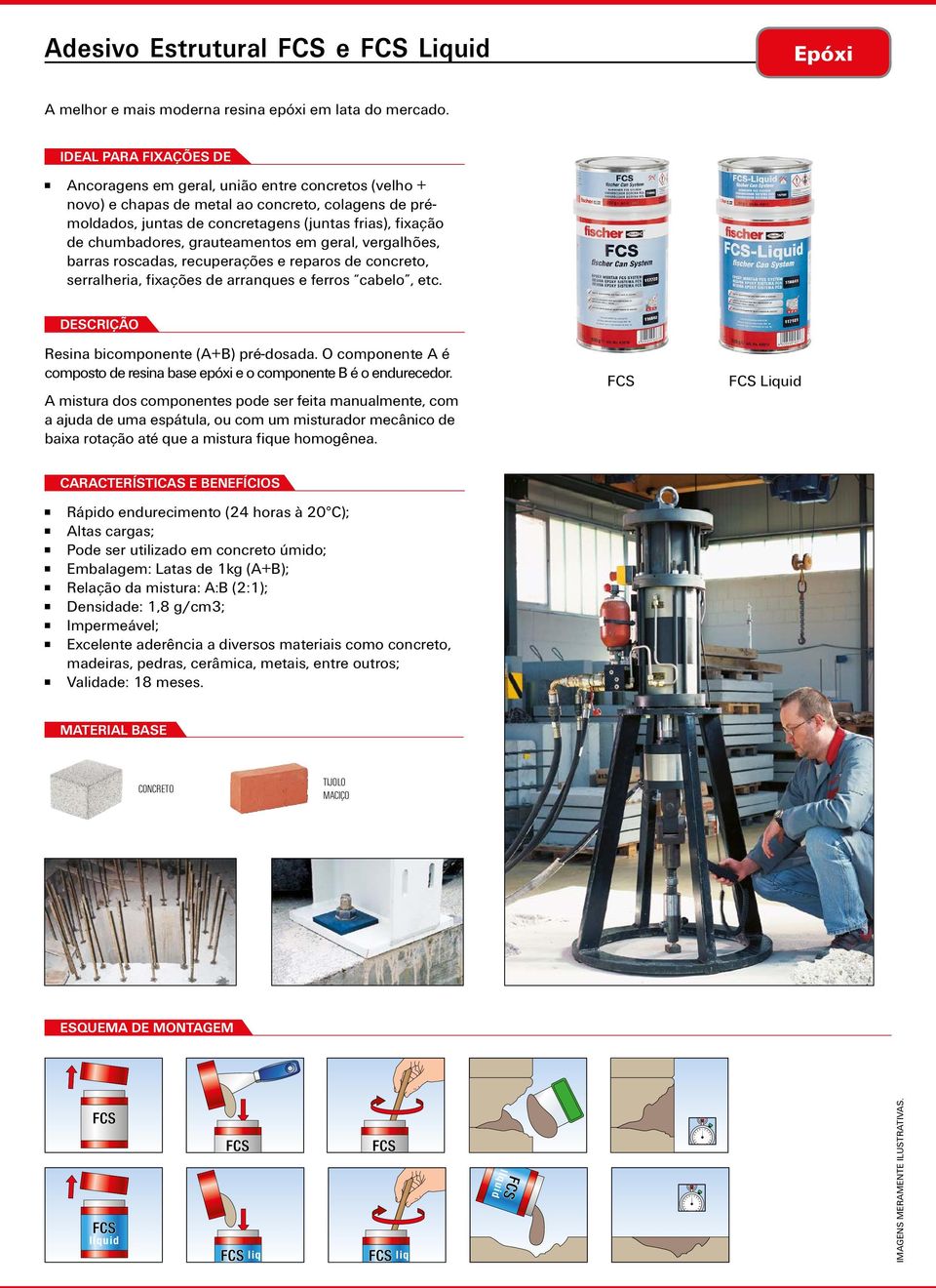 grauteamentos em geral, vergalhões, barras roscadas, recuperações e reparos de concreto, serralheria, fixações de arranques e ferros cabelo, etc. DESCRIÇÃO Resina bicomponente (A+B) pré-dosada.