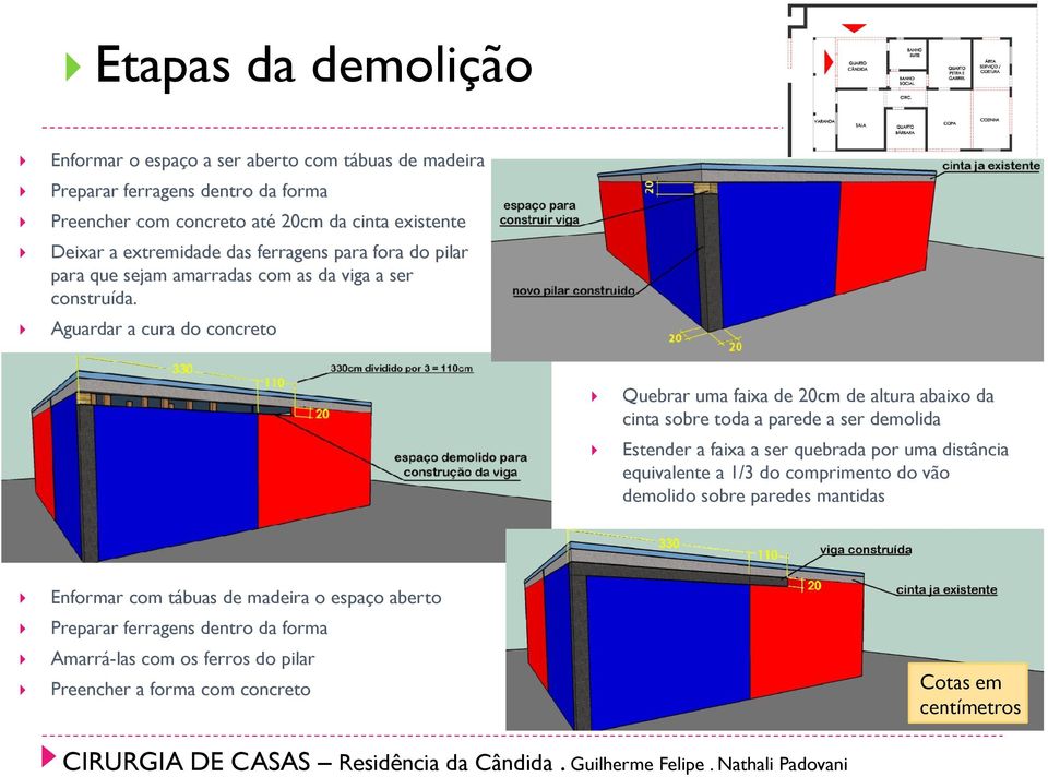 Aguardar a cura do concreto Quebrar uma faixa de 20cm de altura abaixo da cinta sobre toda a parede a ser demolida Estender a faixa a ser quebrada por uma