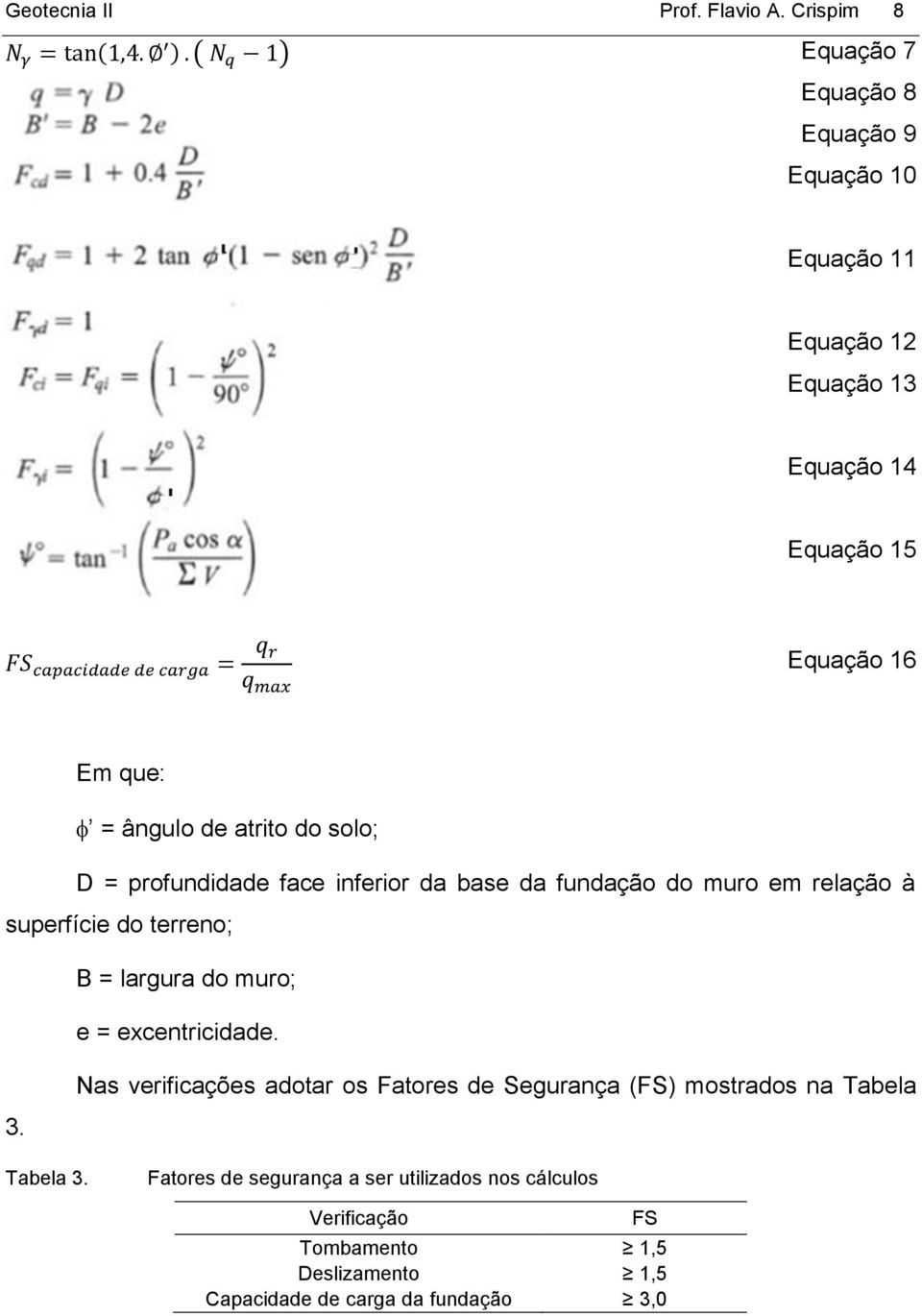 16 Em que: = ângulo de atrito do solo; D = profundidade face inferior da base da fundação do muro em relação à superfície do terreno; B = largura do