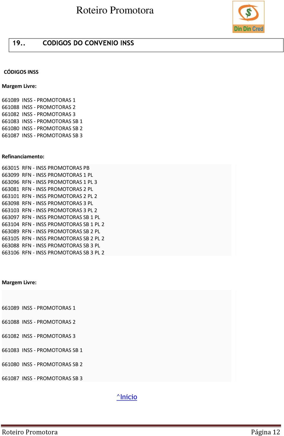 INSS PROMOTORAS 2 PL 2 663098 RFN - INSS PROMOTORAS 3 PL 663103 RFN - INSS PROMOTORAS 3 PL 2 663097 RFN - INSS PROMOTORAS SB 1 PL 663104 RFN - INSS PROMOTORAS SB 1 PL 2 663089 RFN - INSS PROMOTORAS