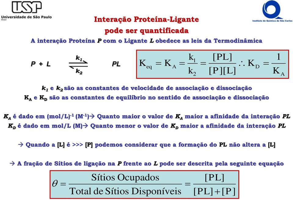 maior o valor de K A maior a afinidade da interação PL K D é dado em mol/l (M) Quanto menor o valor de K D maior a afinidade da interação PL Quando a [L] é >>> [P] podemos considerar