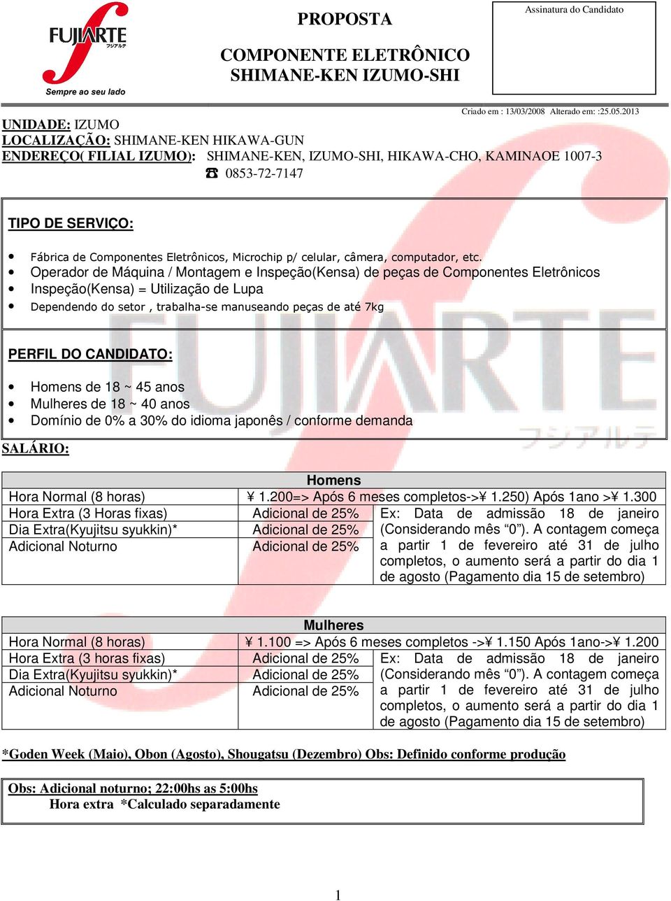 Operador de Máquina / Montagem e Inspeção(Kensa) de peças de Componentes Eletrônicos Inspeção(Kensa) = Utilização de Lupa Dependendo do setor, trabalha-se manuseando peças de até 7kg PERFIL DO