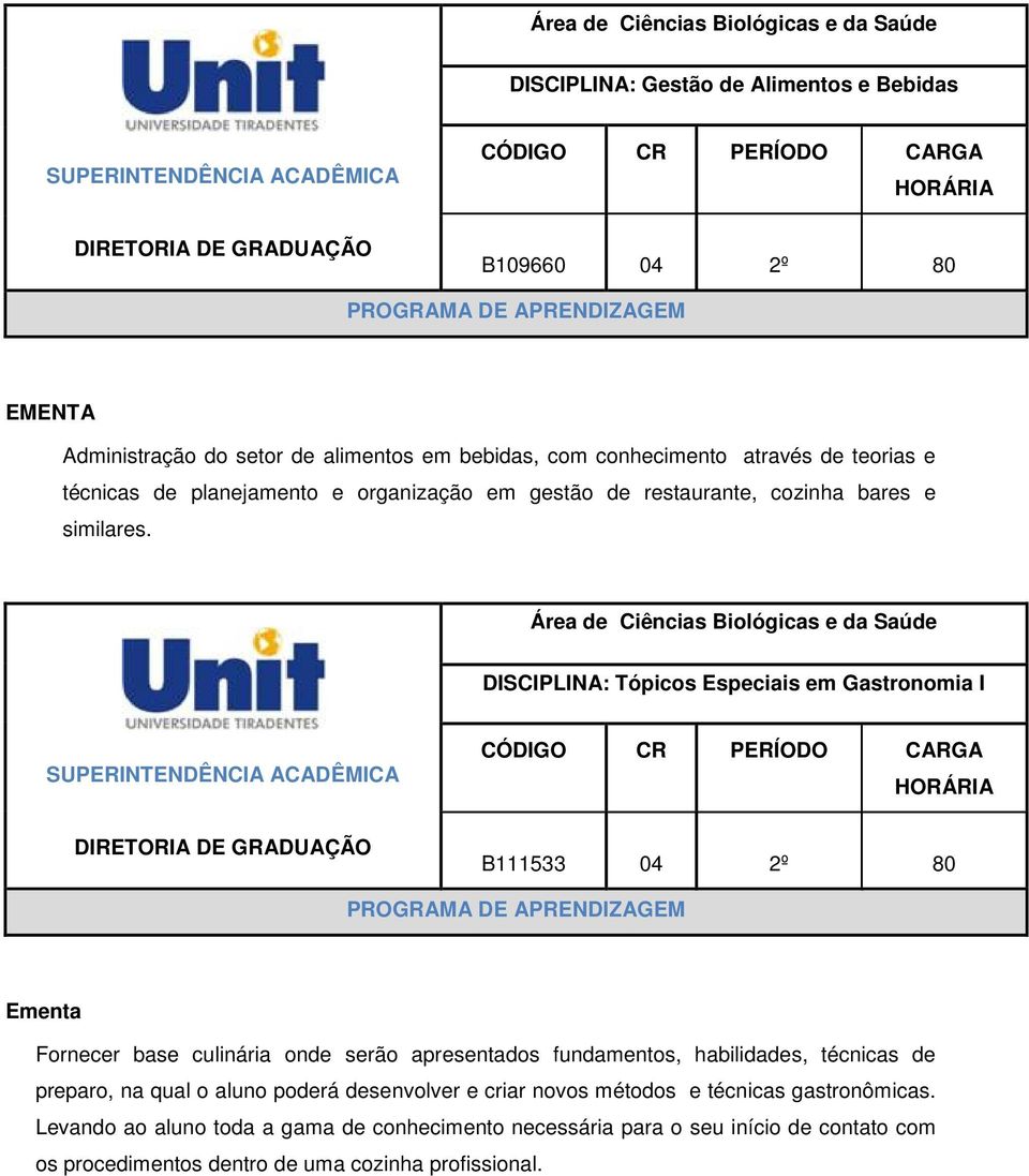 DISCIPLINA: Tópicos Especiais em Gastronomia I B111533 04 2º 80 Ementa Fornecer base culinária onde serão apresentados fundamentos, habilidades, técnicas de