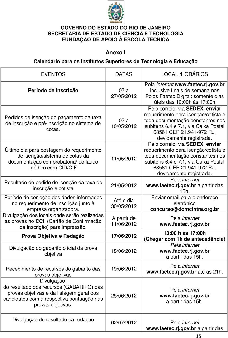 Último dia para postagem do requerimento de isenção/sistema de cotas da documentação comprobatória/ do laudo médico com CID/CIF Resultado do pedido de isenção da taxa de inscrição e cotista Período