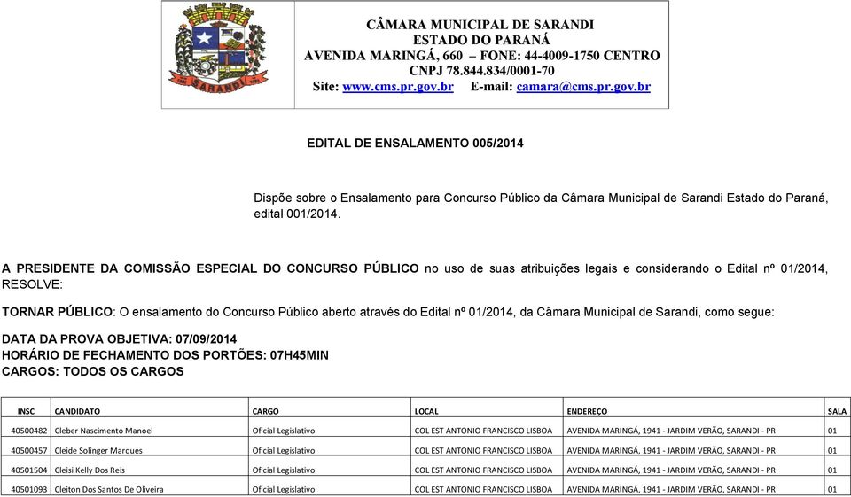 A PRESIDENTE DA COMISSÃO ESPECIAL DO CONCURSO PÚBLICO no uso de suas atribuições legais e considerando o Edital nº 01/2014, RESOLVE: TORNAR PÚBLICO: O ensalamento do Concurso Público aberto através